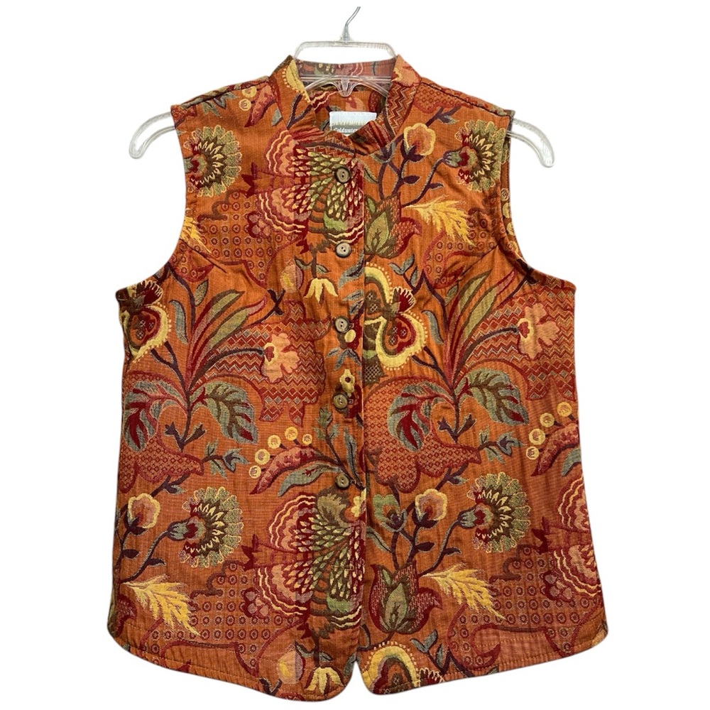 Vintage Women Tapestry Vest Orange Floral Forest Fairy Boho Cottagecore Gypsy